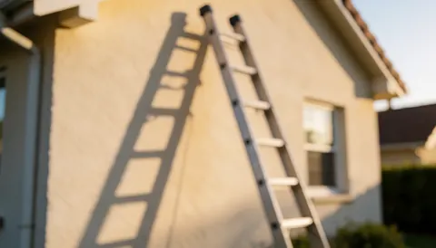 Échelle appuyée contre un mur en enduit avec une ombre portée, baignée par la lumière dorée du coucher de soleil, servant de fond pour des textes liés à la réparation de murs.