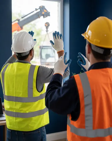 Deux travailleurs en casques et gilets de sécurité dirigent une grue depuis une fenêtre avec des murs bleus sur un chantier.