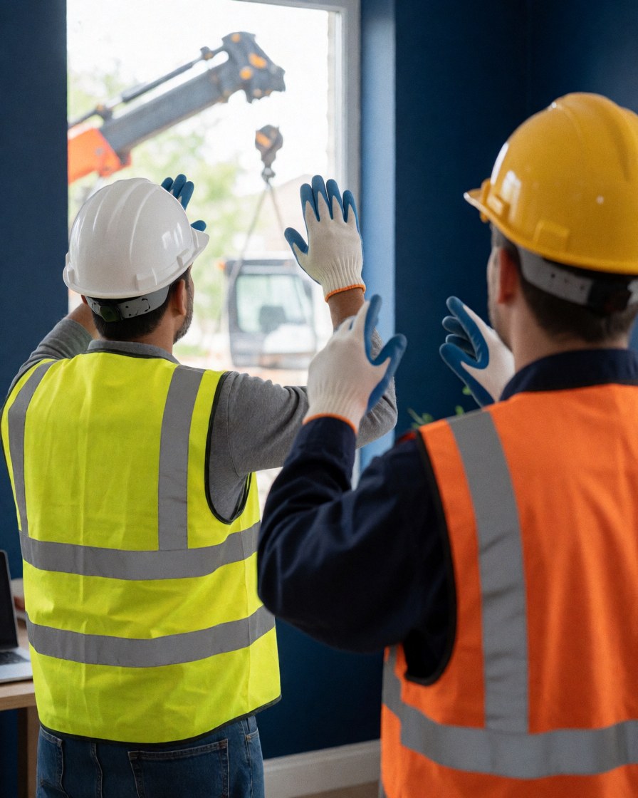 Deux travailleurs en casques et gilets de sécurité dirigent une grue depuis une fenêtre avec des murs bleus sur un chantier.