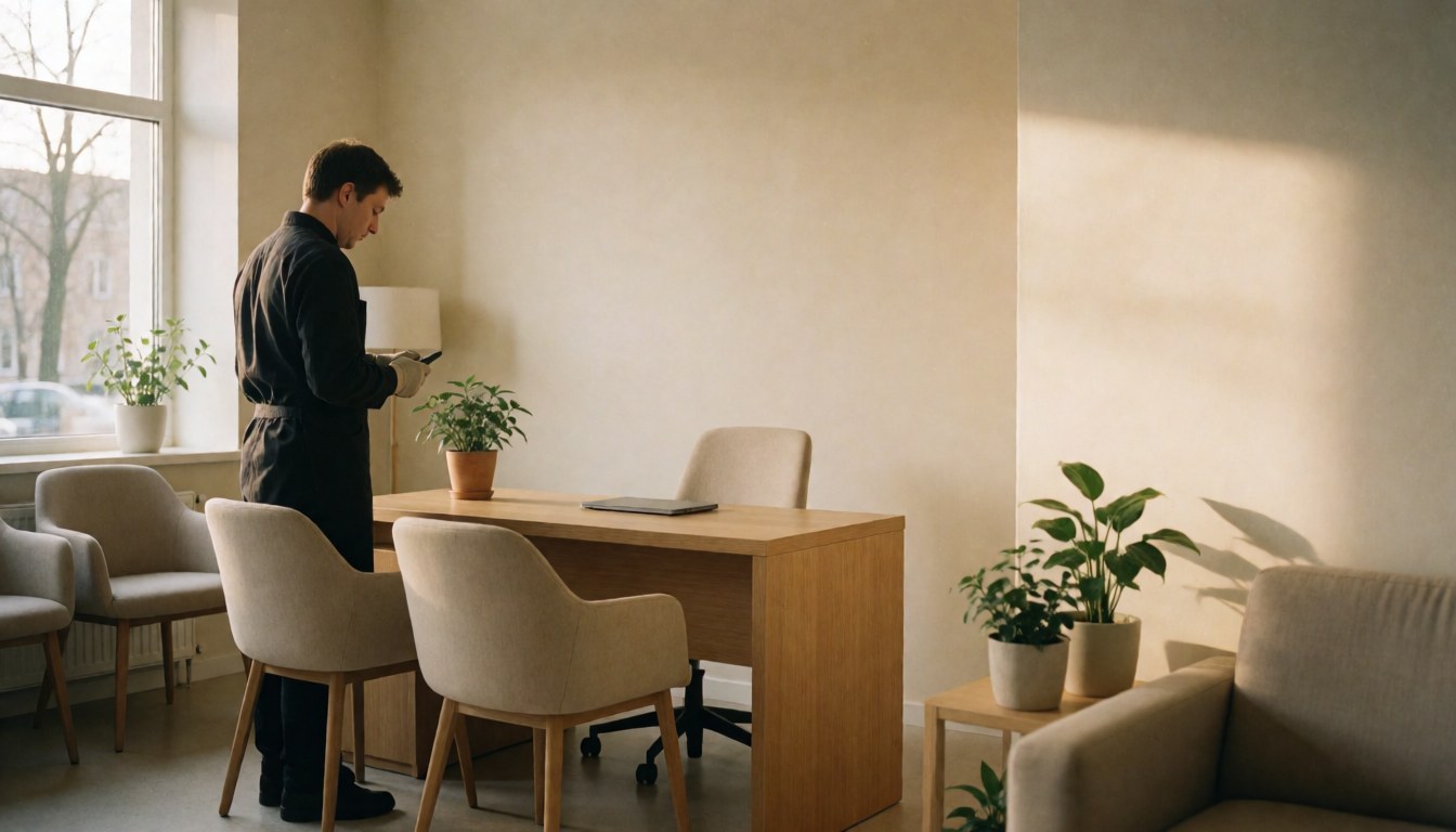 Réception de clinique moderne avec chaises, table en bois, plantes, murs beige et lumière naturelle par la fenêtre.
