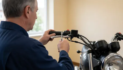 Un mécanicien ajuste un grip noir sur le guidon d'une moto dans un atelier aux murs beiges et à la lumière naturelle, montrant l'attention au détail.
