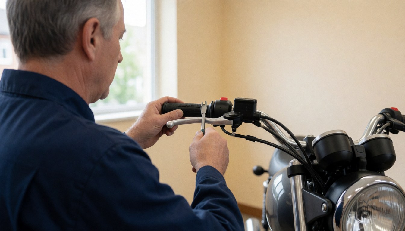 Un mécanicien ajuste un grip noir sur le guidon d'une moto dans un atelier aux murs beiges et à la lumière naturelle, montrant l'attention au détail.