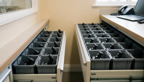 Des boîtes remplies de manettes et de ressorts de consoles dans un atelier de réparation, illustrant un inventaire organisé et professionnel.