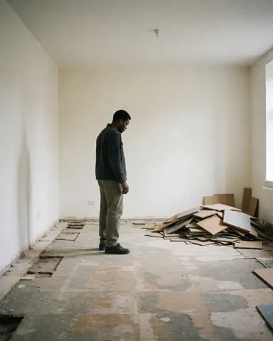 Une cliente regarde des planches de sol posées au sol, une pile de planches dans un coin, des murs blancs et une lumière naturelle. Idéal pour un installateur de sols en liège.