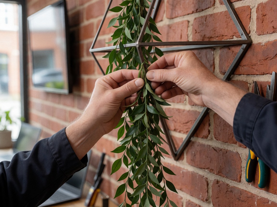 Des mains ajustent une guirlande verte sur un cadre métallique posé contre un mur de briques, avec des outils visibles, évoquant la décoration d'événements.