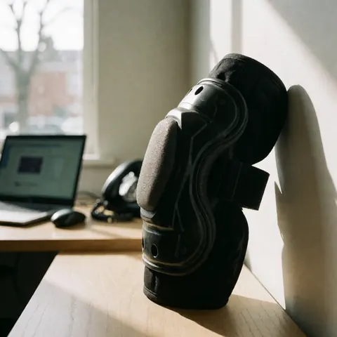 Genouillère de protection noire avec mousse visible posée contre un mur, éclairée par la lumière naturelle dans un bureau.