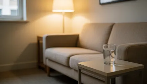 Un canapé beige et une table d'appoint avec un verre d'eau dans une salle d'attente lumineuse aux murs clairs, idéale pour les services de beauté.
