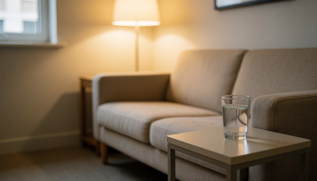 Un canapé beige et une table d'appoint avec un verre d'eau dans une salle d'attente lumineuse aux murs clairs, idéale pour les services de beauté.