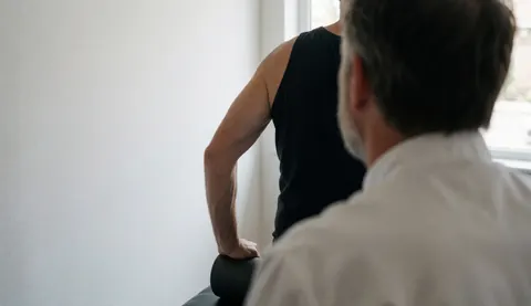 Une cliente utilise un rouleau de mousse pendant qu'un entraîneur l'assiste dans une salle aux murs blancs et à la lumière naturelle.