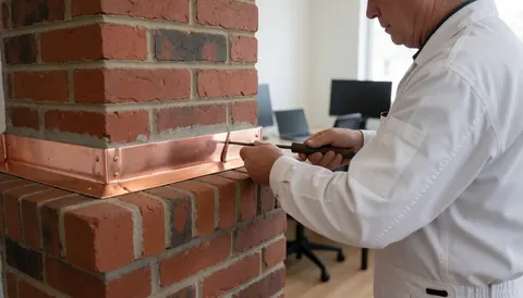 Un technicien en uniforme blanc pose une bande de cuivre brillant à la base d'une cheminée en briques rouges, outil à la main, dans le cadre d'une réparation de toiture.