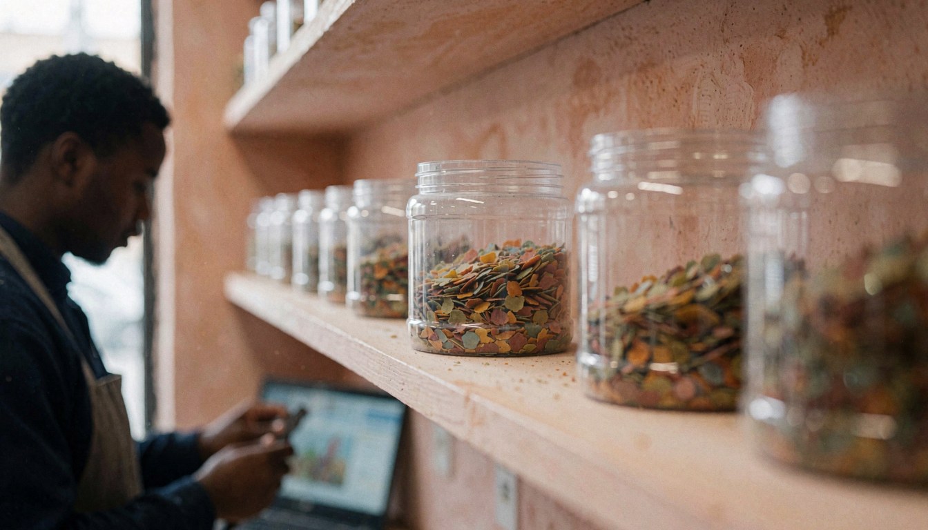 Des bocaux d'alimentation pour poissons dans un magasin d'aquarium avec des murs en terre cuite et un employé en tablier travaillant sur un ordinateur portable.