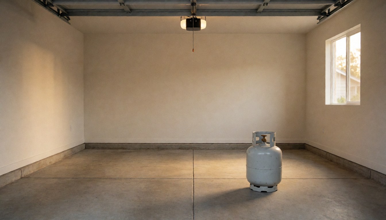 Réservoir de gaz propane de vingt livres dans un garage résidentiel vide, éclairé par la lumière naturelle, adapté aux services d'installation de gaz.