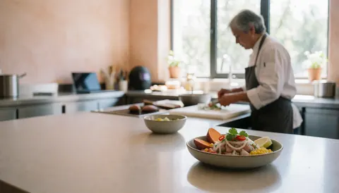 Bol en céramique contenant du ceviche frais au poisson cru, oignon, coriandre et piment, posé sur un plan de travail dans une cuisine aux murs en plâtre terracotta éclairée par la lumière naturelle.