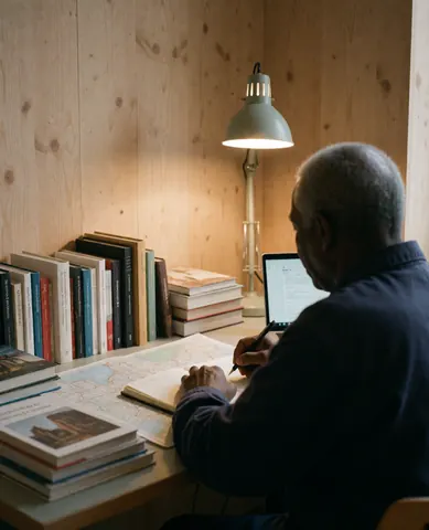 Une personne écrit dans un cahon sur un bureau, entourée de cartes, de livres et d'un ordinateur portable, dans une école d'écriture aux murs en bois et à la lumière chaude.