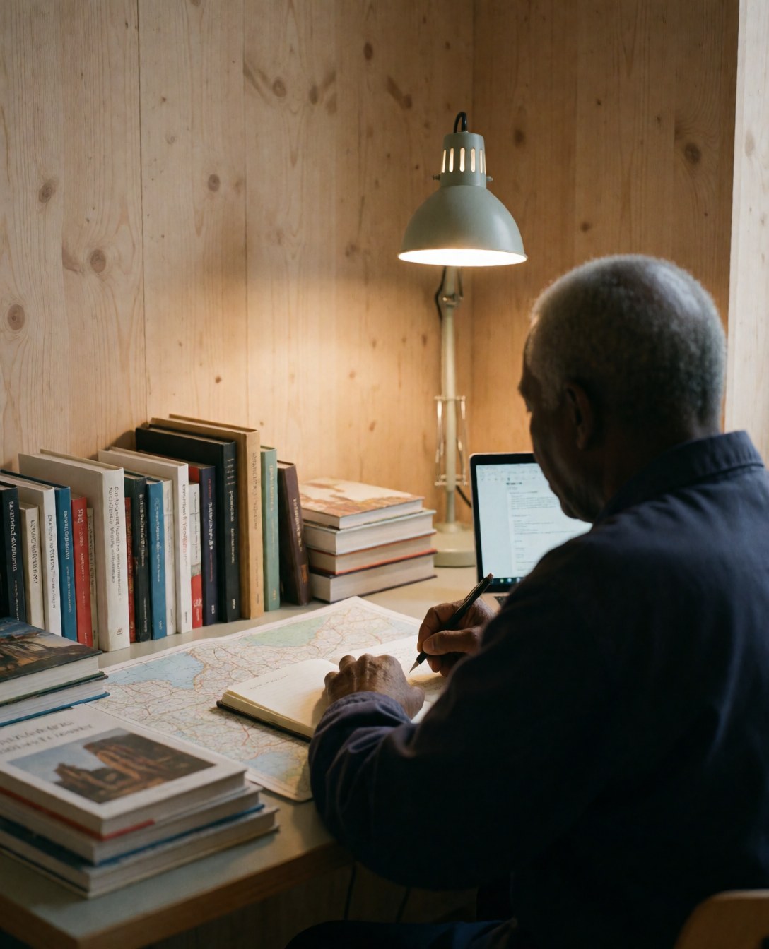Une personne écrit dans un cahon sur un bureau, entourée de cartes, de livres et d'un ordinateur portable, dans une école d'écriture aux murs en bois et à la lumière chaude.
