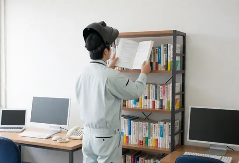 Un technicien en uniforme lit un manuel de chaudières dans un bureau professionnel avec des étagères et des ordinateurs.