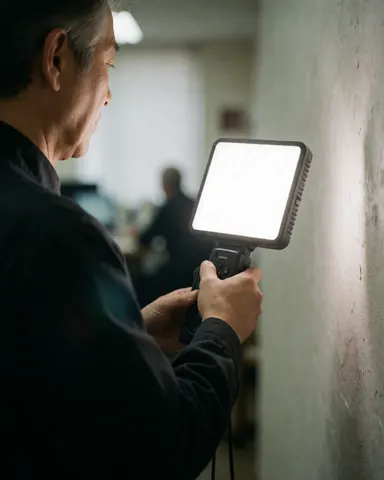 Un vidéaste professionnel utilise un panneau LED pour illuminer un mur texturé dans un bureau moderne, mettant en valeur le service d'éclairage.
