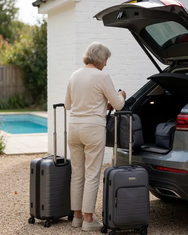 Une femme place une valise dans le coffre d'une voiture stationnée devant une maison avec une piscine, préparant son départ en vacances.