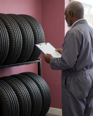 Une cliente examine une facture tenue sur une tablette, debout à côté d'une pile de pneus neufs dans un atelier de réparation aux murs rose poudré.