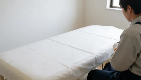 Vue arrière d'un professionnel travaillant sur une table de massage recouverte d'un drap blanc, dans un cabinet aux murs blancs et à la lumière naturelle.