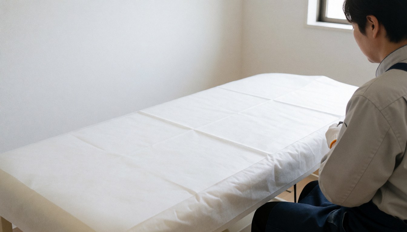 Vue arrière d'un professionnel travaillant sur une table de massage recouverte d'un drap blanc, dans un cabinet aux murs blancs et à la lumière naturelle.