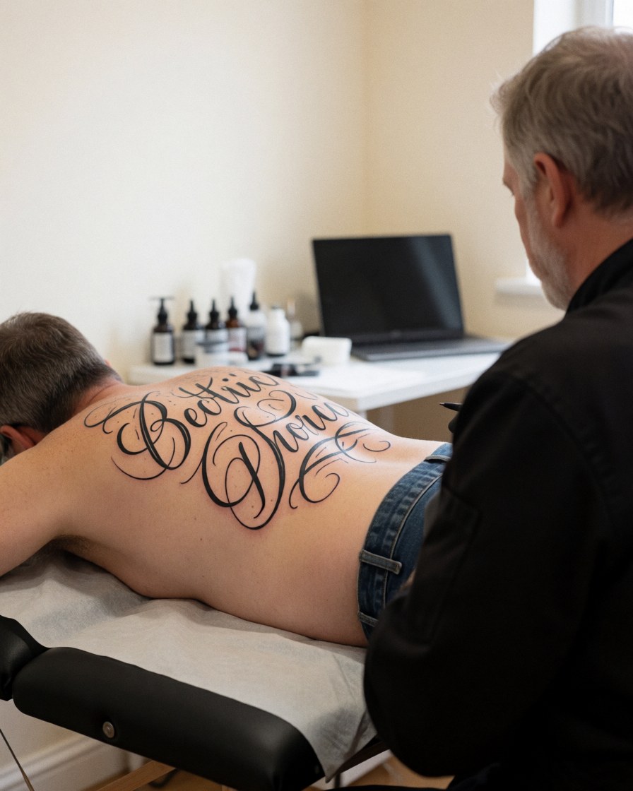 Un client reçoit un tatouage sur le dos dans un studio professionnel et propre, l'artiste travaille avec précision.