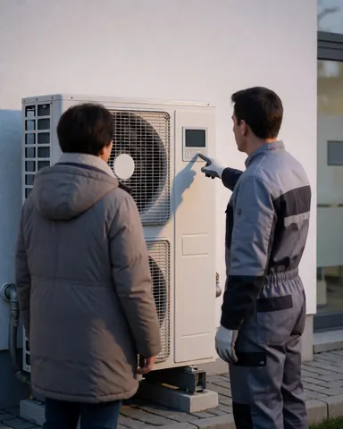 Un technicien en gants indique le panneau de contrôle d'une unité de chauffage extérieure blanche pendant qu'un client en manteau observe à la tombée de la nuit.