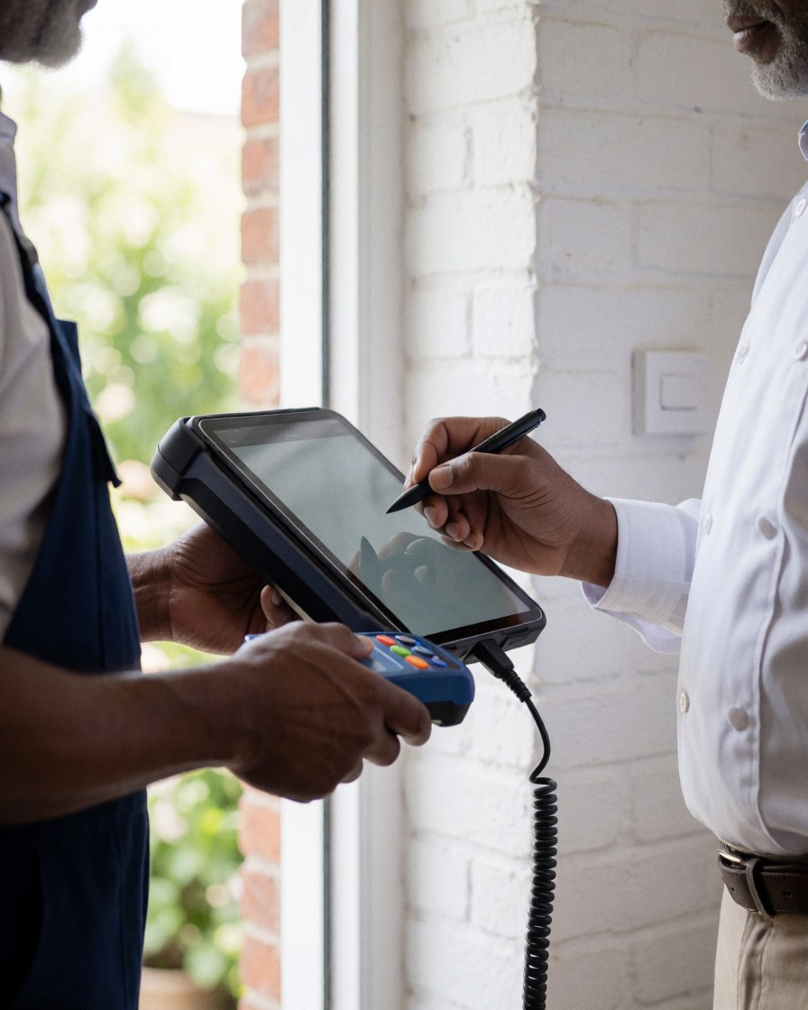 Un technicien en uniforme signe un paiement sur une tablette près d'une fenêtre avec un mur en briques blanches, illustrant un service professionnel en action.