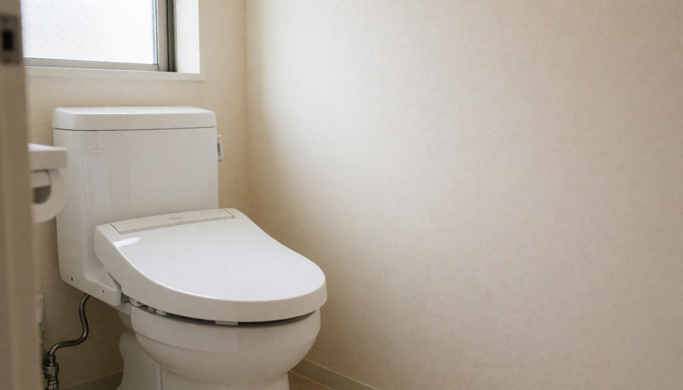 Toilette blanche moderne installée dans une salle de bain aux murs beige et à la lumière naturelle, idéale pour les services de réparation de tuyauterie.