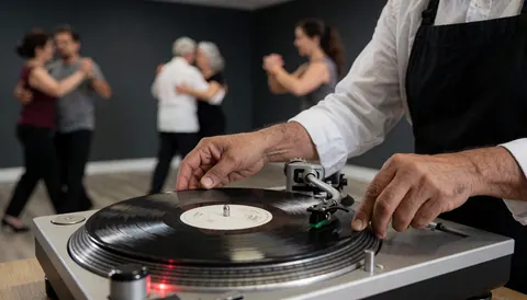 Des mains placent un disque vinyle sur un tourne-disque, avec des danseurs de tango en arrière-plan dans une salle aux murs gris.
