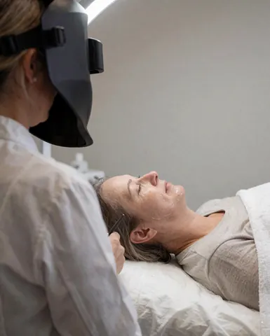 Une esthéticienne portant un masque de soudage applique une crème hydratante sur le visage d'une cliente allongée sur un lit de soin dans un salon.