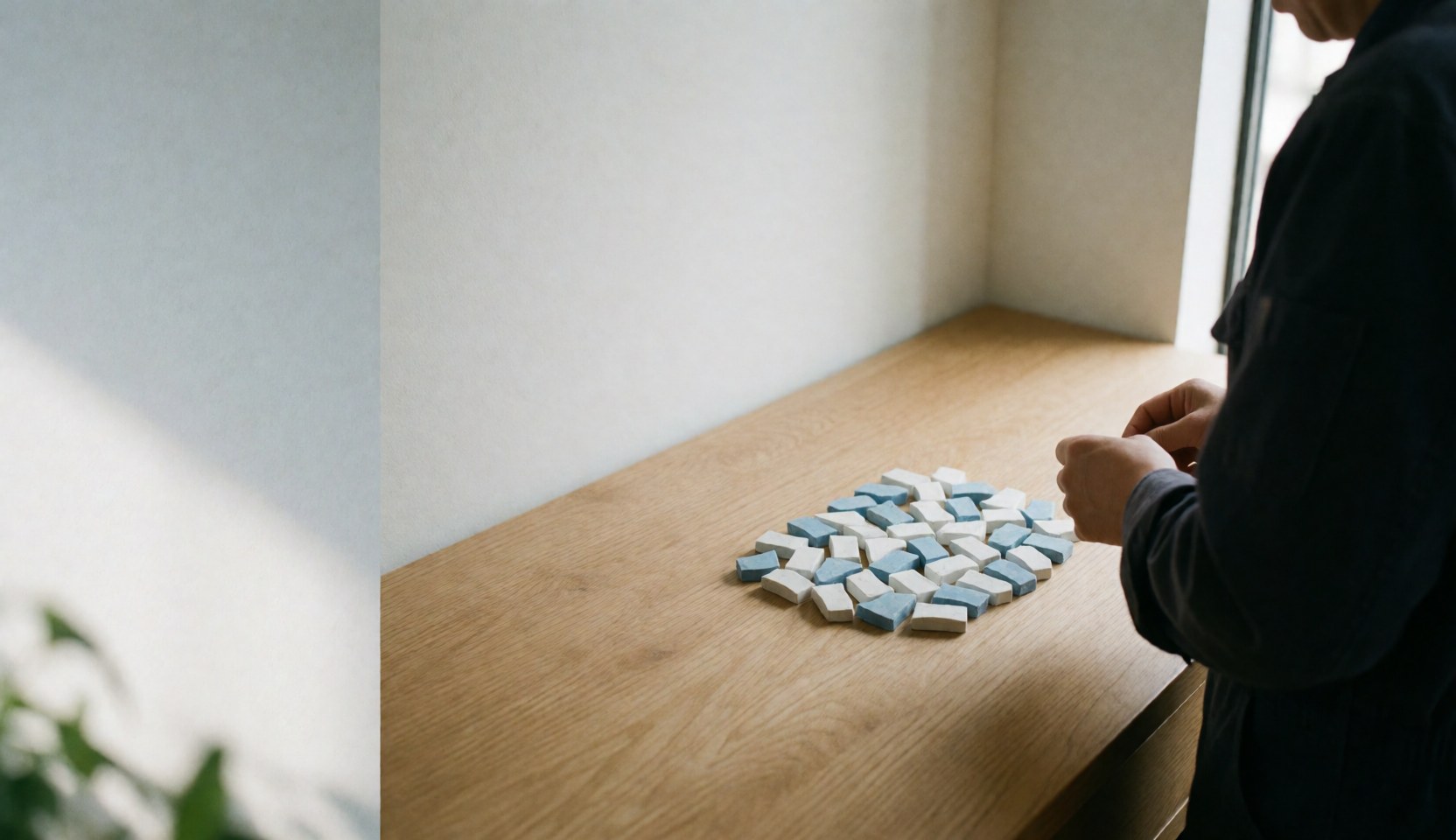 Vue de dos d'une personne organisant des craies de couture blanches et bleues sur une table en bois clair, avec des murs blancs et une lumière naturelle.