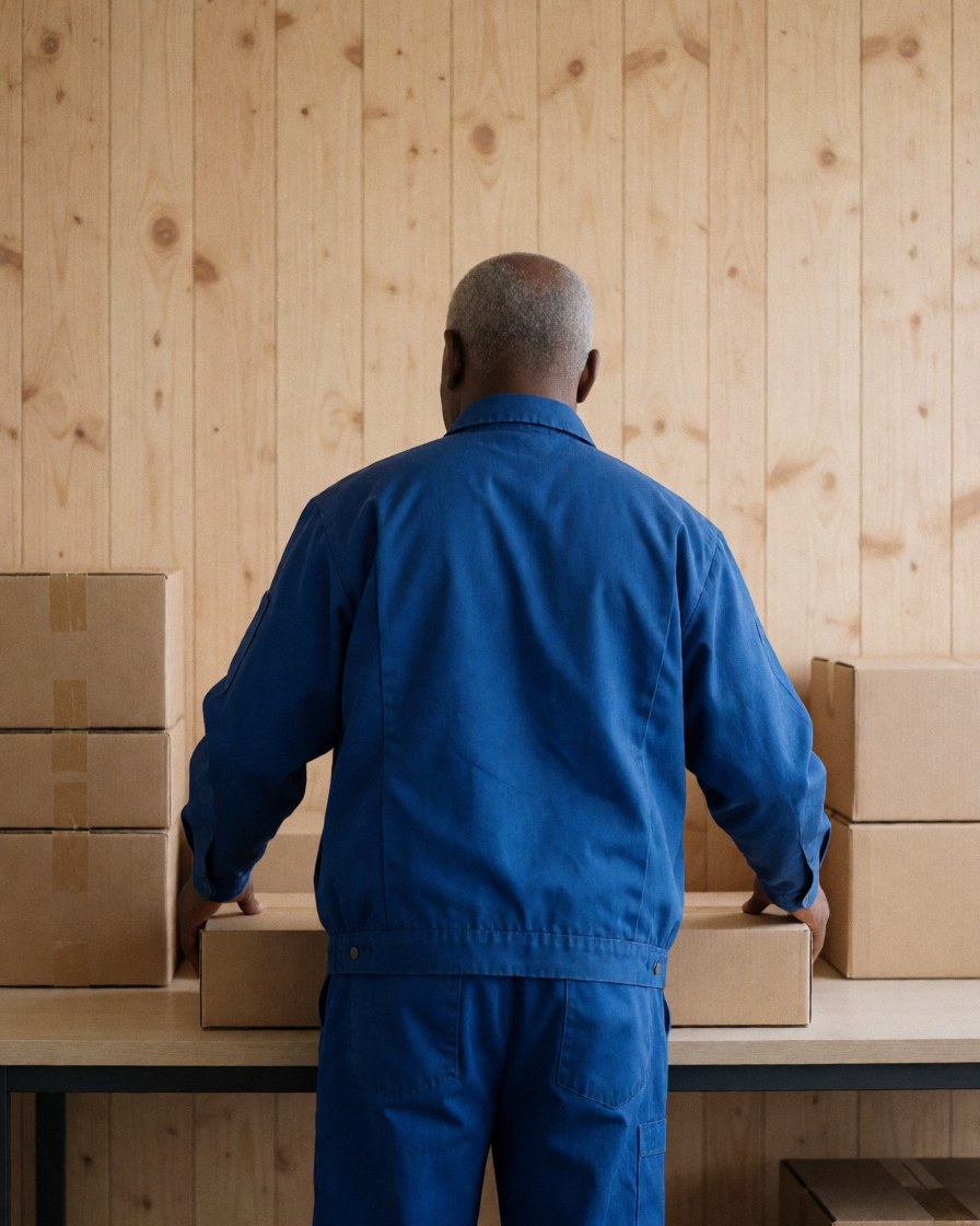 Un employé en uniforme range des boîtes en carton sur une table dans un entrepôt aux murs en bois.