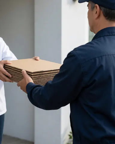 Un livreur en uniforme bleu reçoit un carton des mains d'un client dans une résidence avec un mur gris clair.