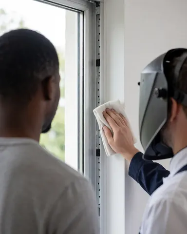 Un technicien nettoie le cadre d'une fenêtre avec un chiffon. Un client observe la scène. Le mur est blanc. Aucun risque visible n'est apparent sur l'image.