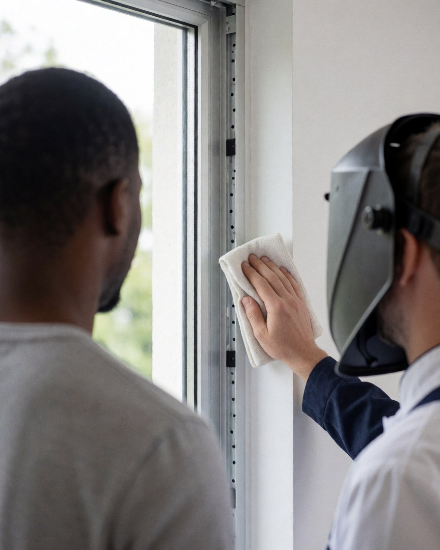 Un technicien nettoie le cadre d'une fenêtre avec un chiffon. Un client observe la scène. Le mur est blanc. Aucun risque visible n'est apparent sur l'image.