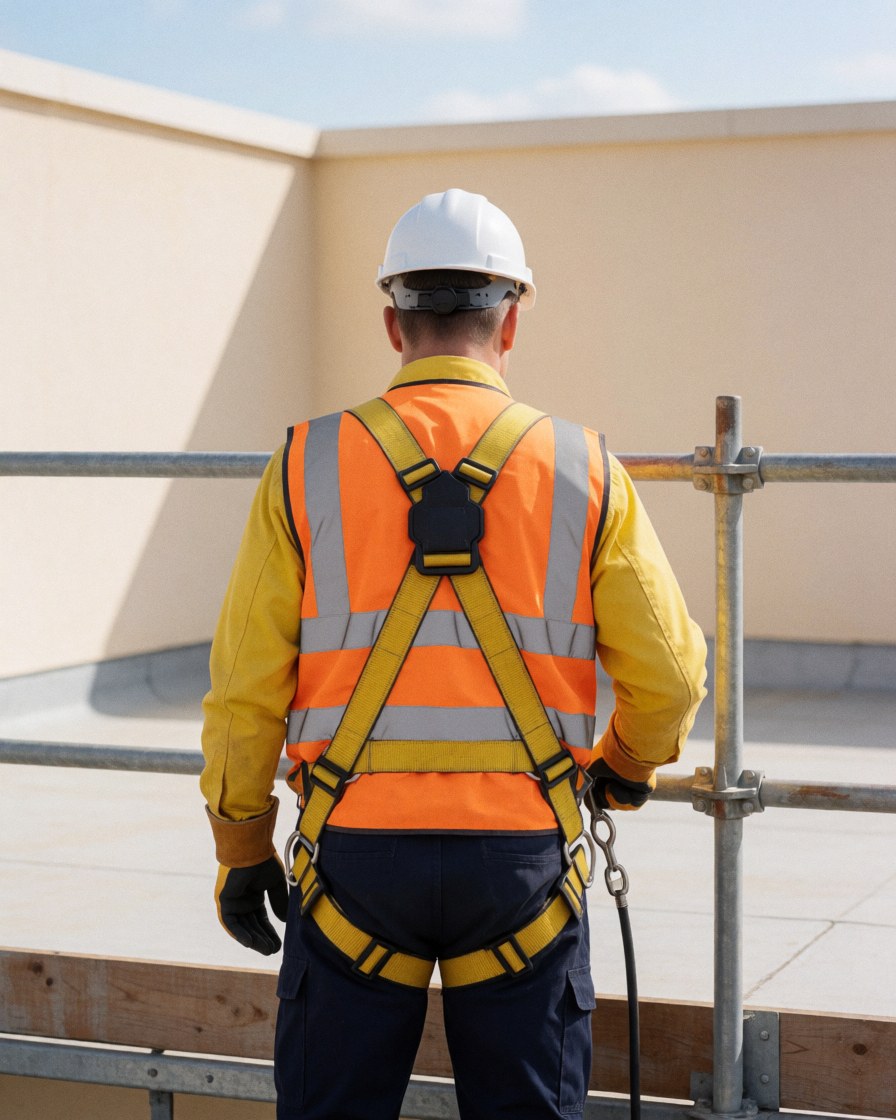 Technicien sur le toit portant un harnais de sécurité et un gilet réfléchissant, préparant l'équipement pour la réparation de panneaux solaires par temps ensoleillé.