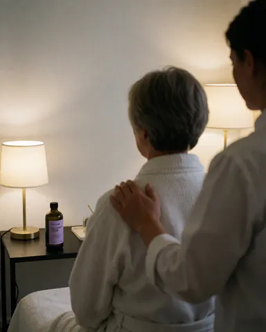 Thérapeute effectuant un massage suédois sur l'épaule d'un client dans un spa professionnel avec huile et éclairage doux.