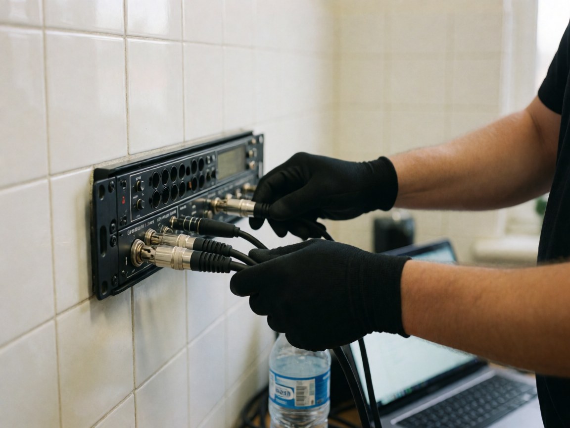 Des mains portant des gants noirs connectent un câble XLR à une interface audio fixée sur un mur carrelé blanc, une bouteille d'eau condensée étant posée à proximité.