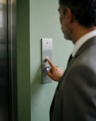 Personne en costume appuyant sur le bouton d'appel d'ascenseur dans un hall avec un mur vert, scène d'attente pour le service d'ascenseur.