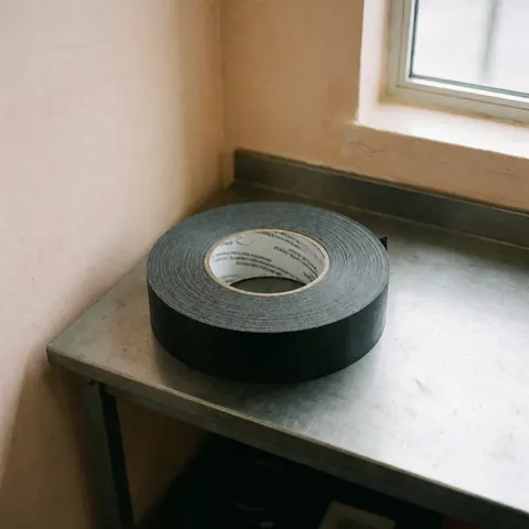 Rouleau de ruban noir pour peinture automobile posé sur une table métallique dans un atelier avec des murs beige et une fenêtre en arrière-plan.
