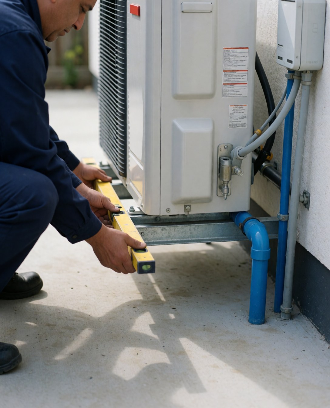 Un technicien en uniforme bleu utilise un niveau sur une unité de pompe à chaleur avec tuyaux et connexions électriques dans une cour extérieure.