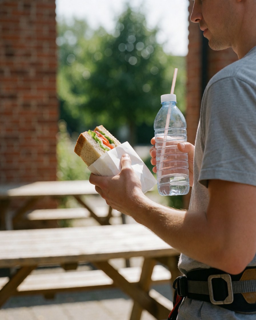 Personne avec un harnais de escalade tenant un sandwich et une bouteille d'eau dans une cour avec des tables de pique-nique et un mur en briques, idéal pour un parc d'aventure.