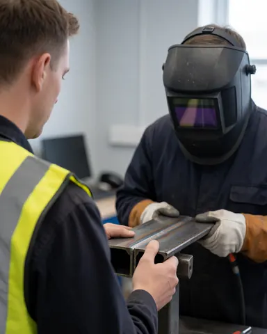 Une cliente en gilet jaune examine une soudure dans un atelier métallurgique, avec un soudeur équipé en arrière-plan.