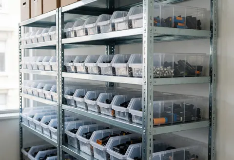 Des étagères métalliques remplies de contenants en plastique contenant des composants électroniques, éclairées par la lumière naturelle dans un atelier de réparation d'ordinateurs.