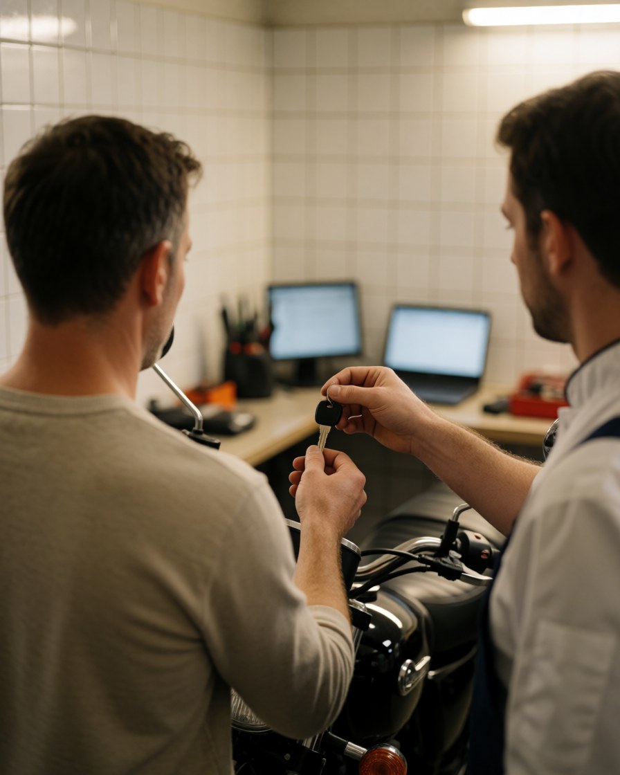 Mécanicien remettant les clés de la moto au client dans un atelier avec des murs carrelés blancs et une moto brillante.