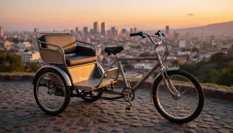 Tricycle métallique de passagers avec siège rembourré, stationné sur une terrasse en pierre surplombant une ville au coucher du soleil, idéal pour un service de transport urbain.