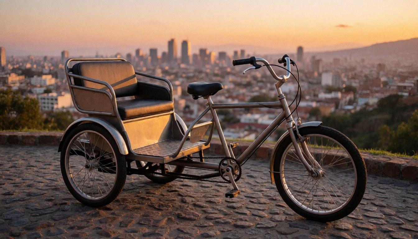 Tricycle métallique de passagers avec siège rembourré, stationné sur une terrasse en pierre surplombant une ville au coucher du soleil, idéal pour un service de transport urbain.