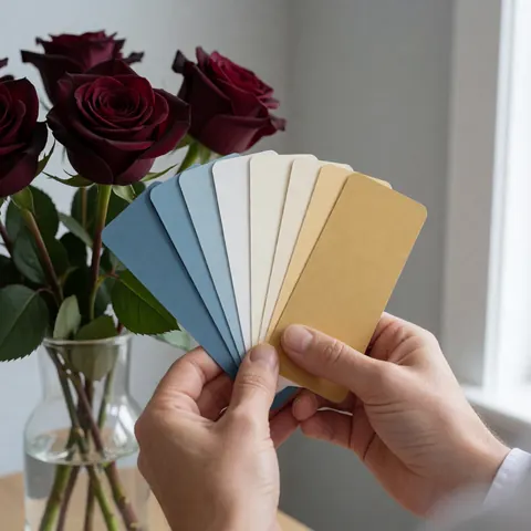 Mains tenant des échantillons de couleur devant des roses bordeaux, dans un espace aux murs gris clair et à la lumière naturelle douce, idéal pour la planification de mariages.