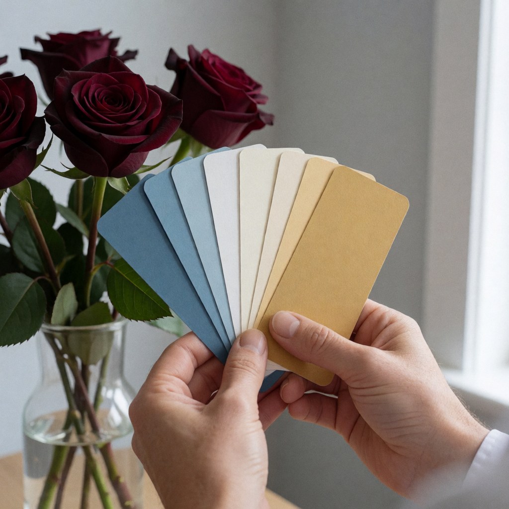 Mains tenant des échantillons de couleur devant des roses bordeaux, dans un espace aux murs gris clair et à la lumière naturelle douce, idéal pour la planification de mariages.